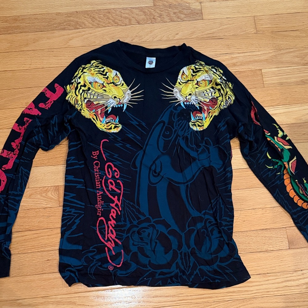 Ed Hardy Black Long Sleeve Tee with Yellow Tiger Graphics and Red Script